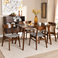 Baxton Studio Parlin/Fiesta-Smoke/Walnut-5PC Dining Set Orion Mid-Century Modern Transitional Light Grey Fabric Upholstered and Walnut Brown Finished Wood 5-Piece Dining Set